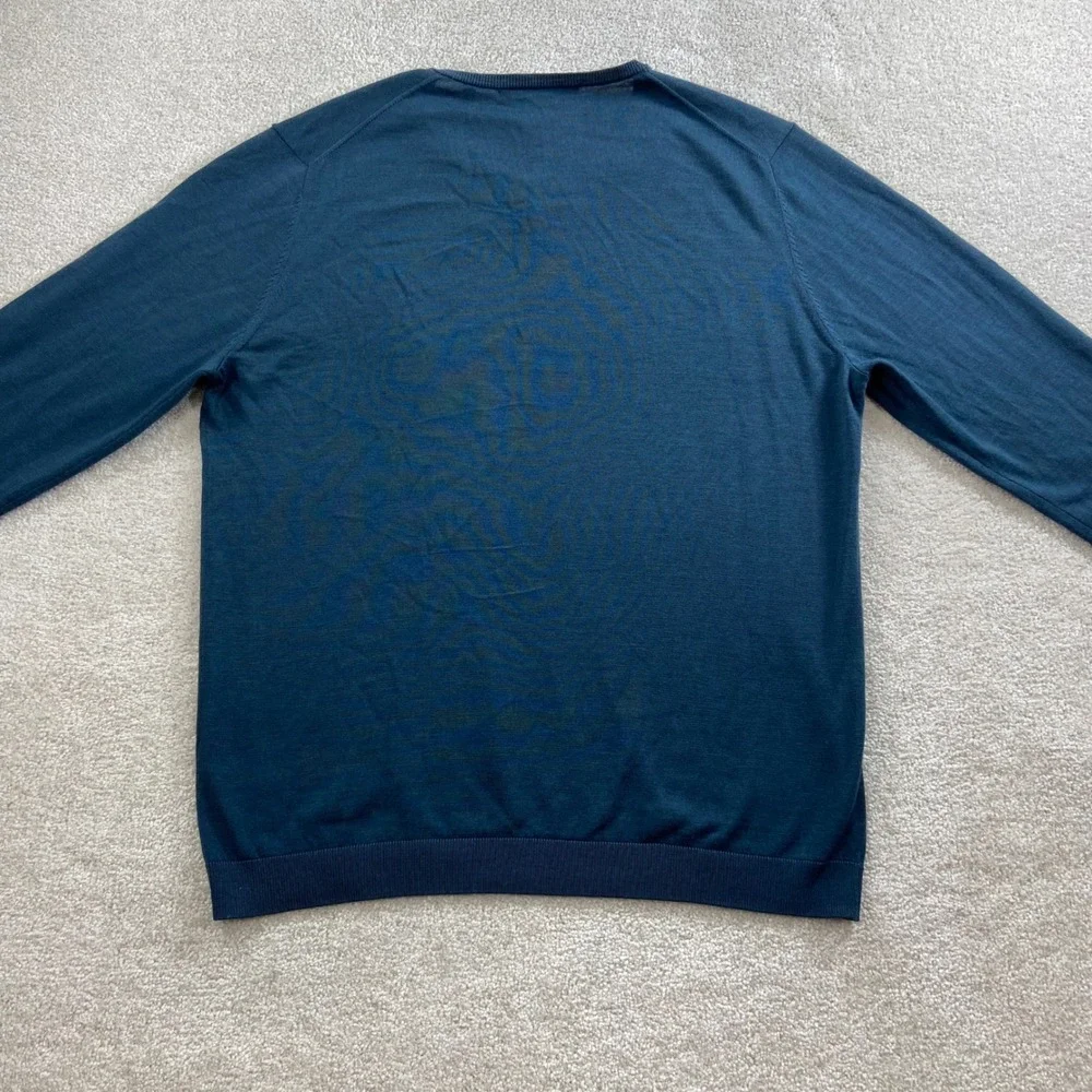Joe Merino V-Neck Sweater Mens XL Blue 100% Extrafine Merino Wool Leo Knit